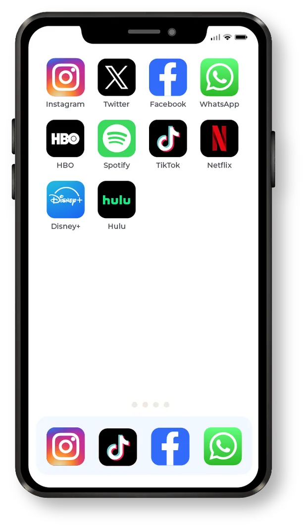 Instagram, Twitter, Facebook, WhatsApp, HBO, Spotify, TikTok, Netflix, Disney+, Hulu
